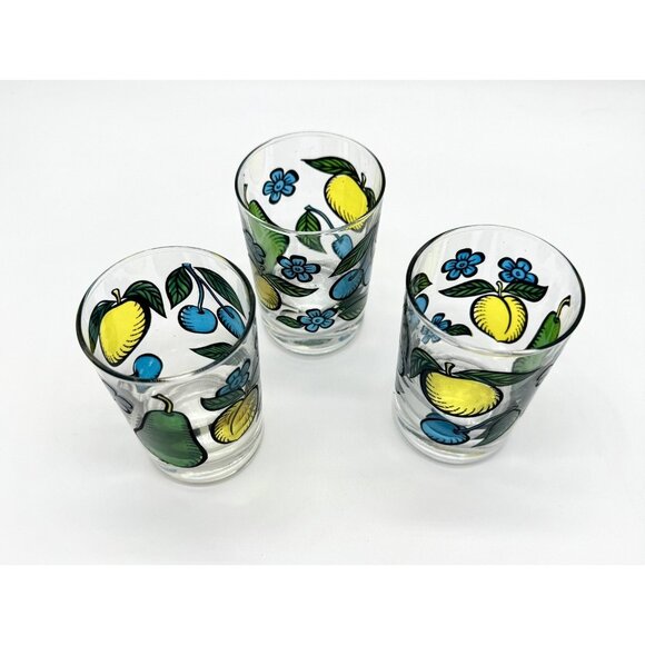 Vintage Stained Glass Juice Glasses Fruit Pattern set of 3 Pear Cherries Peach - Picture 2 of 5